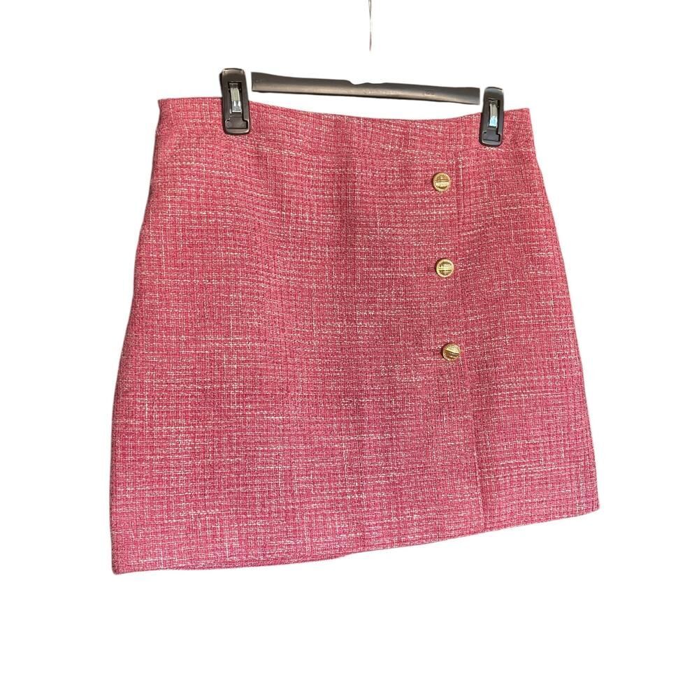 NWT SHEIN MOTF Pink Tweed-Like Polyester Skirt w/Gold Buttons, Size Large